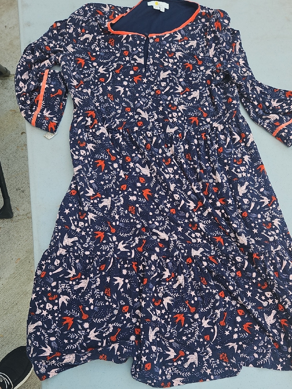 Boden Navy Dress with Coral and Blush Bird & Floral Print